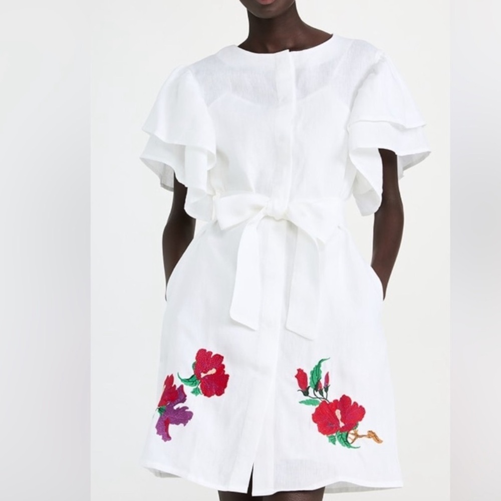 FANN MON Kelly Tiered-Sleeve Linen Dress with Floral Embroidery